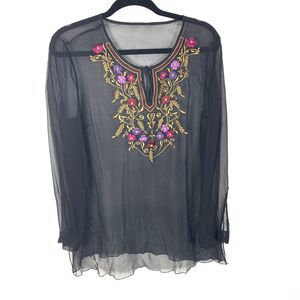 Black Floral Sheer Embroider Silk Long Sleeve Top